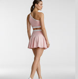 Conjunto Top lateral e Short Saia Rosa com faixa branca de Poliamida