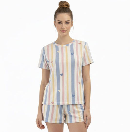 ✨Lançamento✨ Pijama Ultra Comfort de manguinha com estampa de coração e listras fofas