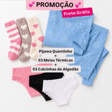 🩷COMBO Pijama Peludinho AZUL + 03 Meias Térmicas + 03 Calcinhas de Algodão