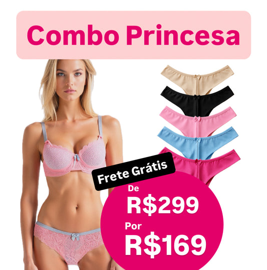 Combo Princesa: 01 Conjunto de Renda de Poliamida + 05 Calcinhas Levanta Bumbum