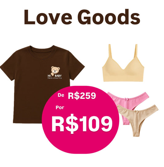 Love Goods: TShirt 100% Algodão + 02 Calcinhas Levanta Bumbum + Sutiã Canelado de Poliamida Amarelo