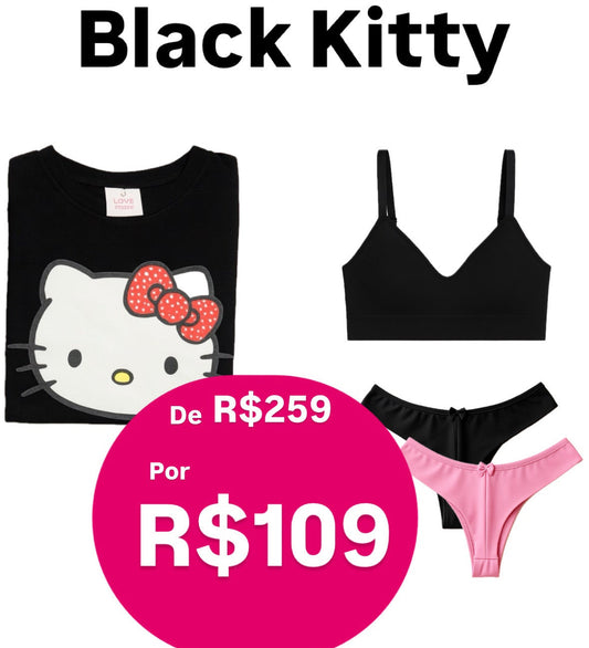 Dark Kitty: TShirt 100% Algodão + 02 Calcinhas Levanta Bumbum + Sutiã Canelado de Poliamida Preto