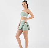 Conjunto Top lateral e Short Saia Verde Tiffany com faixa branca de Poliamida