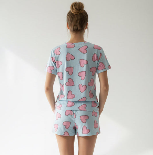 ✨Lançamento✨ Pijama Ultra Comfort de manguinha azul com estampa de coração