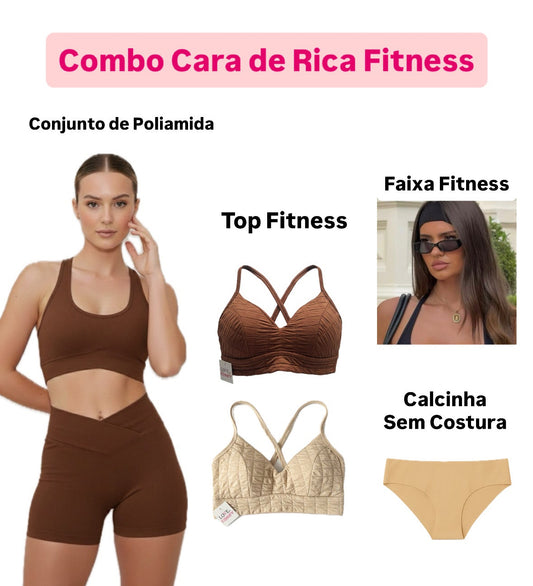Combo Cara de Rica Fit - Conjunto Marrom de Poliamida + 02 Tops Puffer + Faixa Fitness+ Calcinha Sem Costura