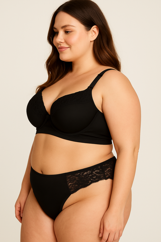 Conjunto Plus Size: Calcinha e Sutiã de Poliamida PRETO Alta sustentação