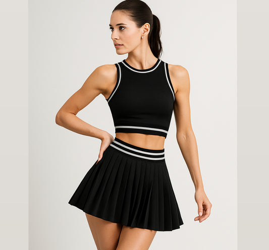 Conjunto Top e Short Saia Preto com faixa branca de Poliamida