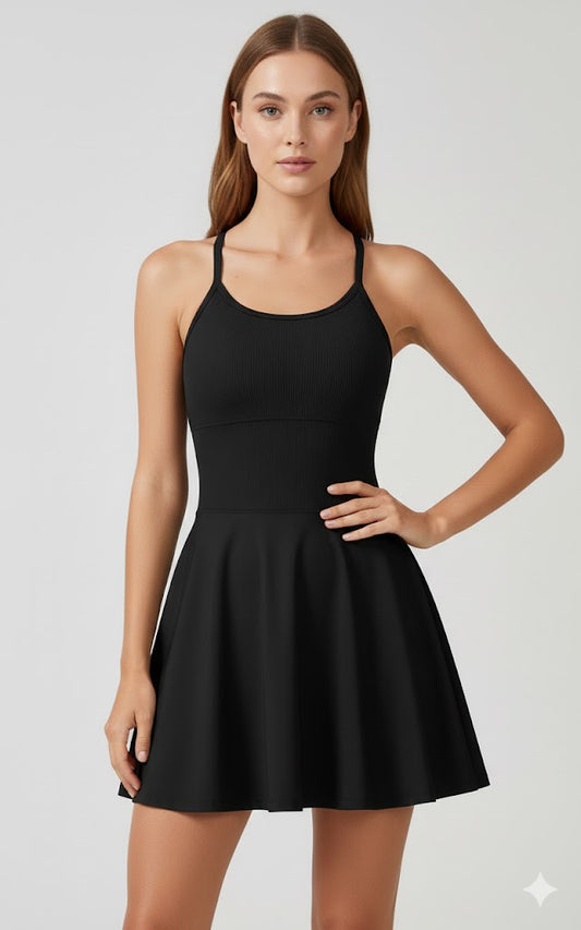 Vestido Fitness com Shortinho Preto cruzado nas costas de alta compressão