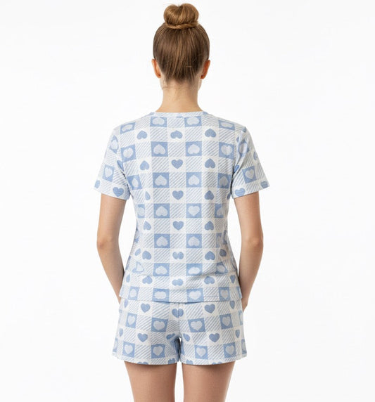 ✨Lançamento✨ Pijama Ultra Comfort de manguinha quadriculado com estampa de corações azuis e brancos