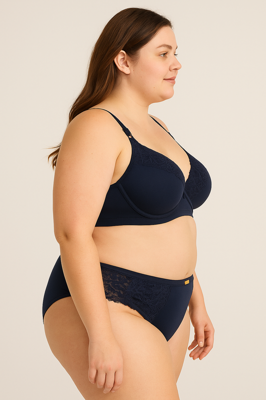 💕Conjunto Plus Size: Calcinha e Sutiã de Poliamida Azul Marinho Alta sustentação