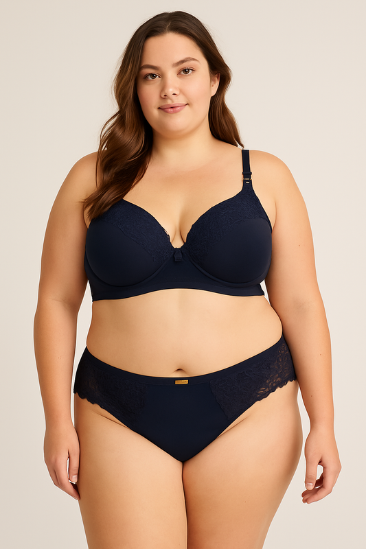 💕Conjunto Plus Size: Calcinha e Sutiã de Poliamida Azul Marinho Alta sustentação