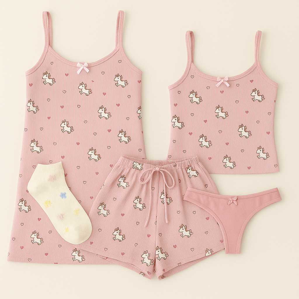 ✨ LANÇAMENTO ✨  Combo Baby doll de unicornio rosa + Camisola combinando + Mimos Especiais