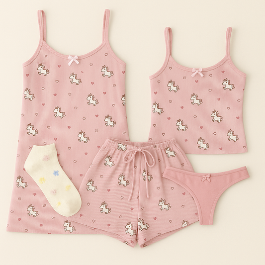 ✨ LANÇAMENTO ✨  Combo Baby doll de unicornio rosa + Camisola combinando + Mimos Especiais