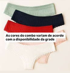 Kit 05 Calcinhas de Algodão Canelado com Renda Liana– Frete Grátis + Brinde