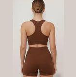 Combo Quero ser Fit - Conjunto Marrom de Poliamida + 01 Top Canelado + Faixa Fitness+ Calcinha Sem Costura