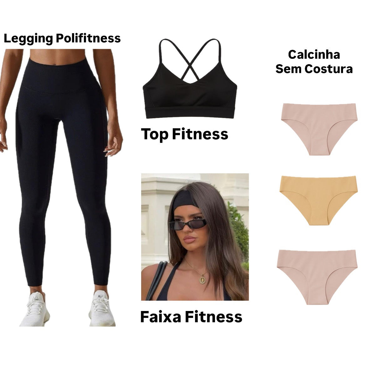 Combo Fitness 2026 - Calça Legging Polifitness + Faixa Fitness+ 03 Calcinhas Sem Costura + Top Fitness