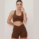 Combo Quero ser Fit - Conjunto Marrom de Poliamida + 01 Top Canelado + Faixa Fitness+ Calcinha Sem Costura