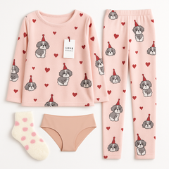 Combo Pijama Quentinho + Mimos: Pijama Peluciado Rosa com estampa de doguinhos + Tanguinha sem costura+ Meia Térmica