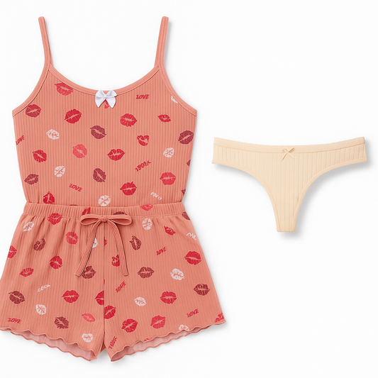 🔥EDIÇÃO LIMITADA🔥 Combo Baby Doll Beijinho + Calcinha de Algodão + Mimo Surpresa