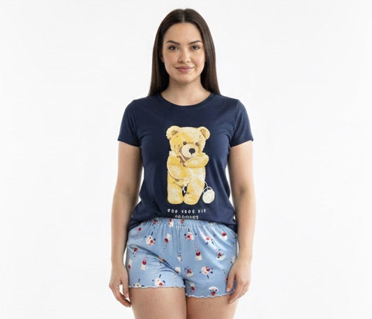 Pijama de Ursinho: Tshirt de algodão com estampa de Ursinho + Shortinho