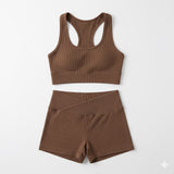 Combo Quero ser Fit - Conjunto Marrom de Poliamida + 01 Top Canelado + Faixa Fitness+ Calcinha Sem Costura