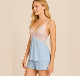 Baby Doll Princesa: Poliamida Azul celeste e Renda Rosa Bebê