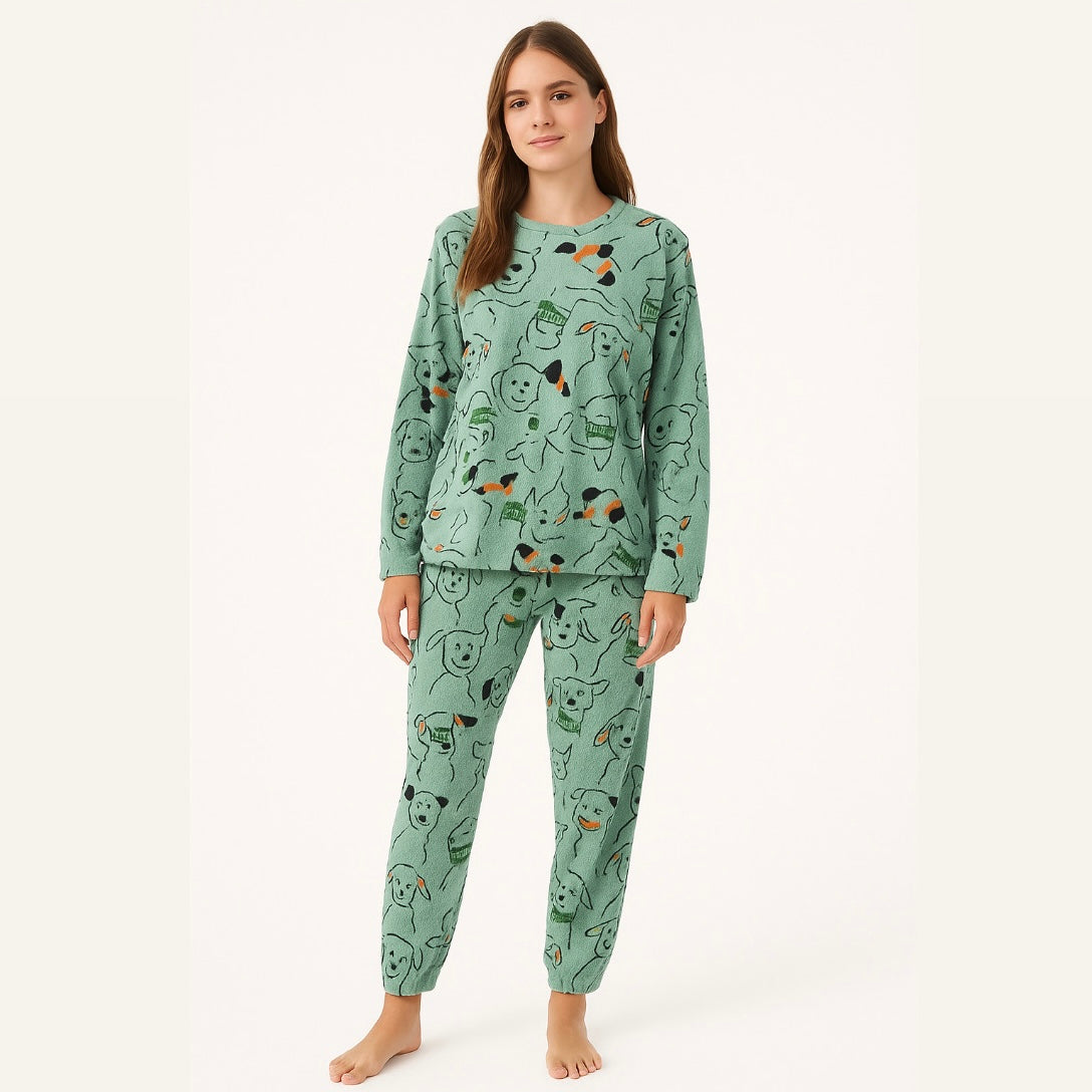 Pijama Peluciado e Quentinho Verde com Estampa de Bichinhos fofos