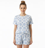 ✨Lançamento✨ Pijama Ultra Comfort de manguinha quadriculado com estampa de corações azuis e brancos