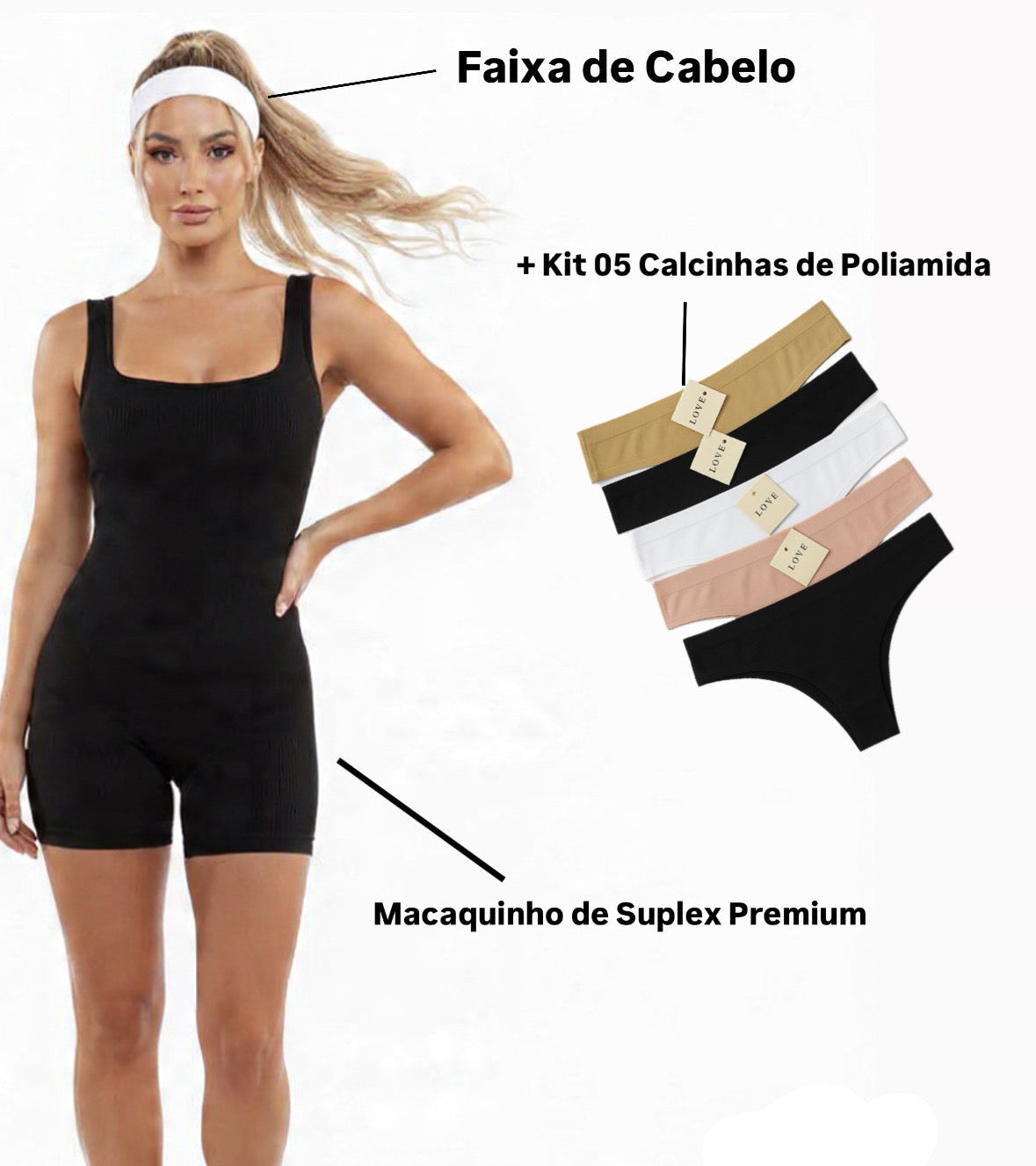 Combo Fit- Macaquinho canelado Preto Polifitness Premium + 05 Calcinhas Sem Costura + Faixa Fitness + FRETE GRÁTIS