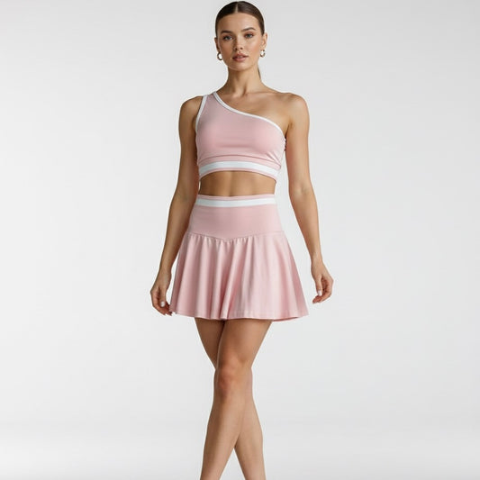 Conjunto Top lateral e Short Saia Rosa com faixa branca de Poliamida