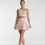 Conjunto Top lateral e Short Saia Rosa com faixa branca de Poliamida