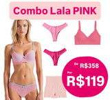 Combo Lala PINK: 01 Conjunto de Renda de Poliamida + 02 Calcinhas Levanta Bumbum + 01 Calcinha modeladora + 01 Sutiã Canelado de Poliamida
