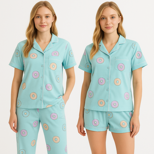 Pijama Americano 2x1 de Rosquinhas toque de seda – Camiseta + Calça + Shortinho