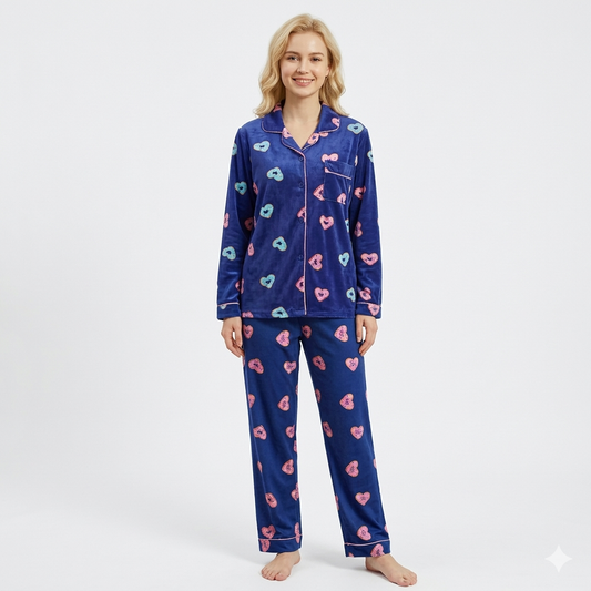 ✨LANÇAMENTO✨ Pijama Americano Quentinho Peludinho Rosquinha de Coração Azul