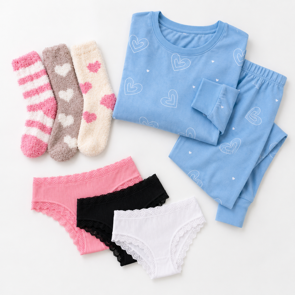 🩷COMBO Pijama Peludinho AZUL + 03 Meias Térmicas + 03 Calcinhas de Algodão