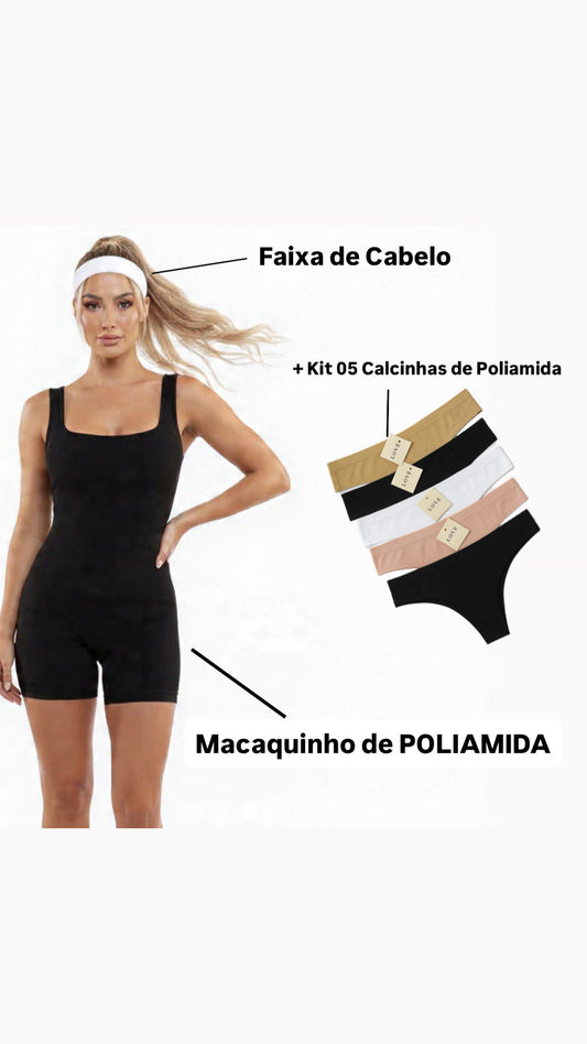 Combo Fit- Macaquinho canelado Preto Poliamida + 05 Calcinhas Sem Costura + Faixa Fitness + FRETE GRÁTIS