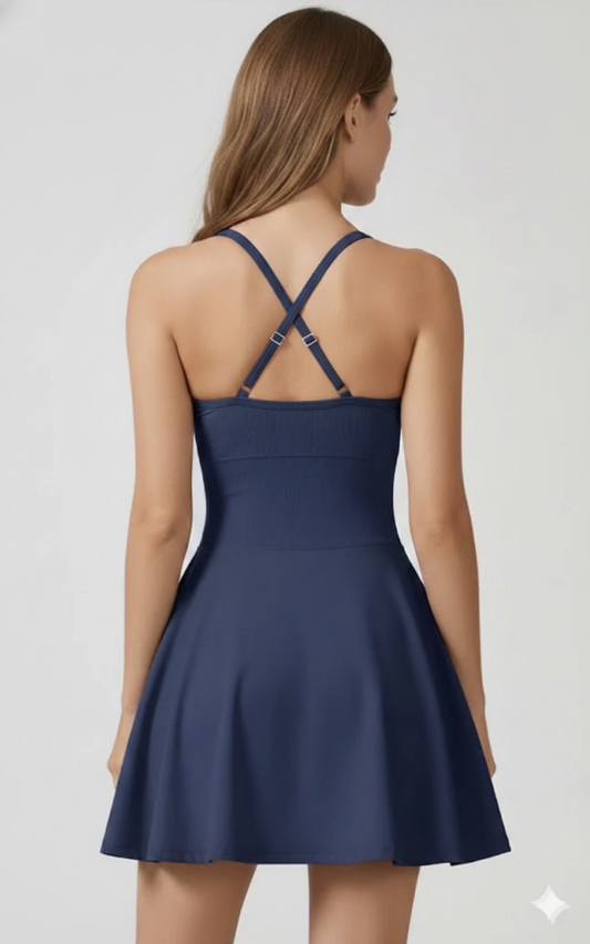 Vestido Fitness com Shortinho Azul Marinho cruzado nas costas de alta compressão